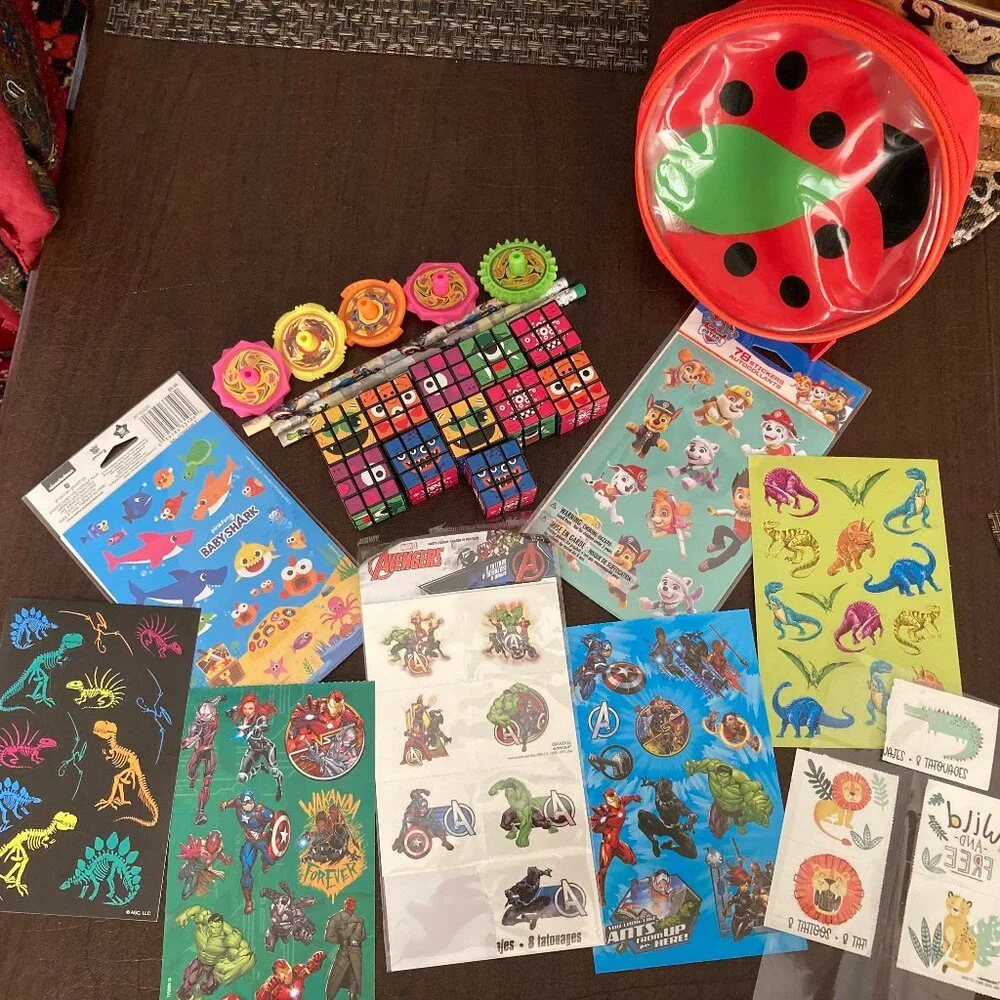 Assorted Kids Party Favors - Stickers, Tattoos, Pencils, Tops, Rubic Cubes